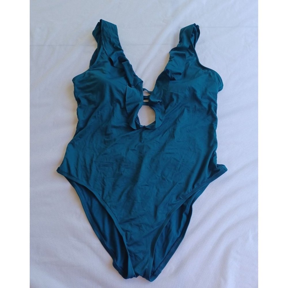 Turquoise Ruffle Plunge One Piece Bathing Suit Low Back Size XL Shade & Shore